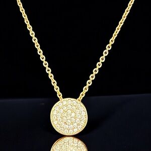 Gold Tone Circle Disc Pendant Necklace with Glass Pave Set CZ Rhinestones 18-20”